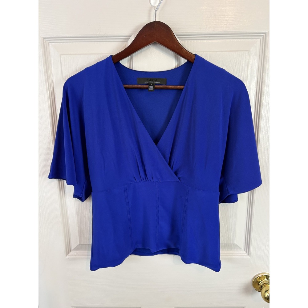 White House Black Market Top Women S Blue Excellent Flutter Sleeve Surplice Wrap